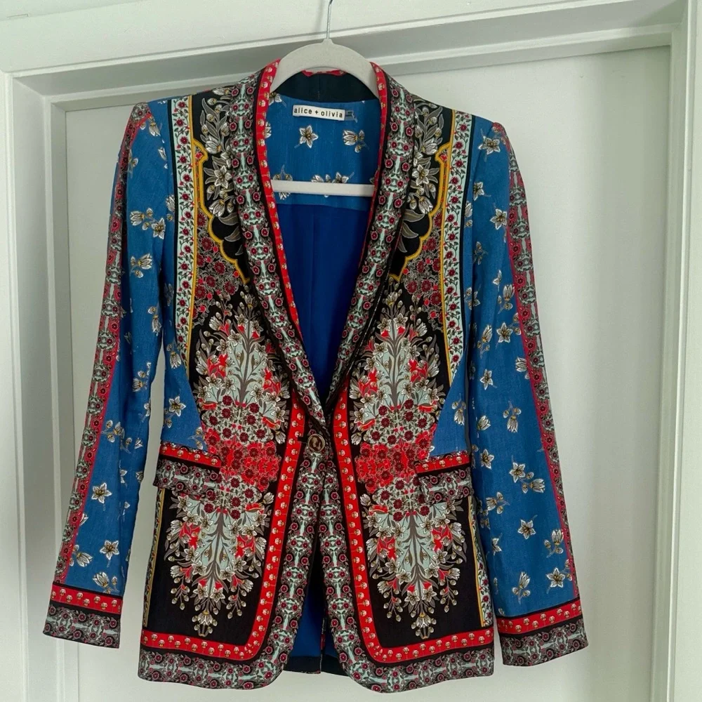 Alice + Olivia Macey Linen Blazer Floral Scarf Print Blue Red Size 2 - Picture 1 of 16